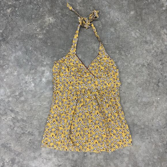 Floral Babydoll Small Halter Top Yellow Ditsy Floral Tie Adjust Sweetheart Y2K - Picture 1 of 9